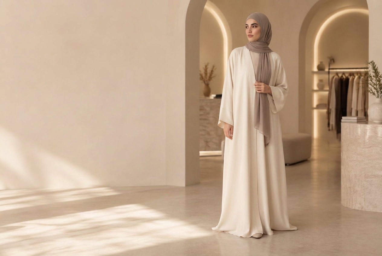 Femme en abaya crème et hijab taupe dans une boutique lumineuse